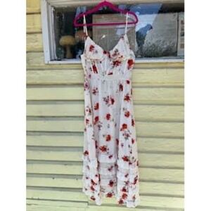 Floral Corset Midi Dress White Red Garden Party Ruffle Lace AS IS Zipper Repair
